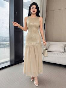 Vestido de mujer de gasa con parches de lentejuelas elegante - Albaricoque - Ver 3