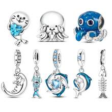 1Pc Silver Plated Blue Ocean Summer Animal Charms, Cute Octopus Seal Dolphin Fish Pendants, DIY Bracelet Necklace Beads, Beach Vacation Jewelry Gift - Silver - View 8