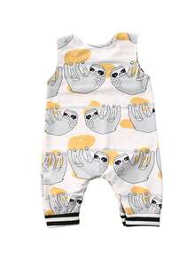 Mono de verano para niños pequeños, mono sin mangas con cuello redondo y estampado multicolor de dibujos animados para niñas, 0-3 años - Gris - Ver 3