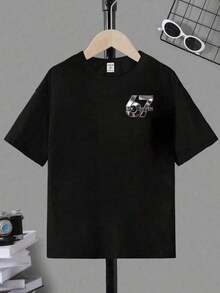 Basic Short-Sleeved T-Shirt For Pre-Teen Boys, Featuring A Cartoon-Style Slogan Graphic Print With The Number 67, In A Minimalist And Refreshing Style, Suitable For Casual Spring, Summer And Autumn Outfits - 黑與白 - 查看 2