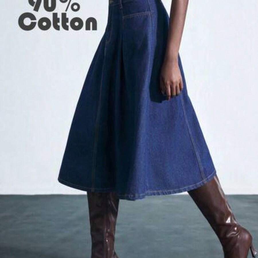 guangzhougaolangshangmao Maija Falda vaquera plisada de estilo casual/oficina para mujer - Azul lavado oscuro - Ver 1
