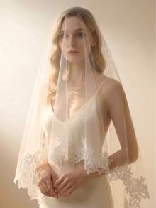 1pc Luxury Royal Wedding Bridal Veil, Lace Embroidered Floral Decor, Single Layer Transparent Net Veil Without Comb - Multicolor - View 8
