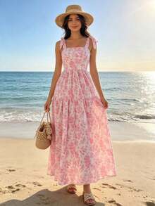 Summer Floral Print Elegant Women's Maxi Dress, Square Neckline With Bow Straps, Sleeveless Layered Flowy Casual Beach Dress - Hồng - Xem 4