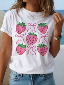FittedTops Women's Y2K, Cute Strawberry Print T-Shirt - Red Strawberries And Pink Bow, Soft And Lightweight Short Sleeve Top, Casual White Beach Shirt For Summer, Suitable For Spring And Autumn, Cute Loose Fit Strawberry Print Summer T-Shirt - 白色 - 查看 7