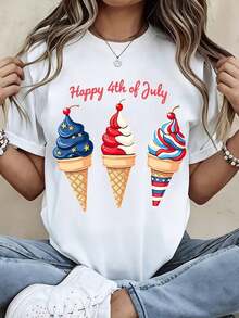 All-Day Comfort. Summer Short-Sleeve T-Shirt With An Ice Cream Design, Perfect For The 4th Of July. The Relaxed, Comfortable Fit Flatters All Body Shapes, While The High-Quality Material Feels Soft Against The Skin And Offers Durability. - 黑色 - 查看 7