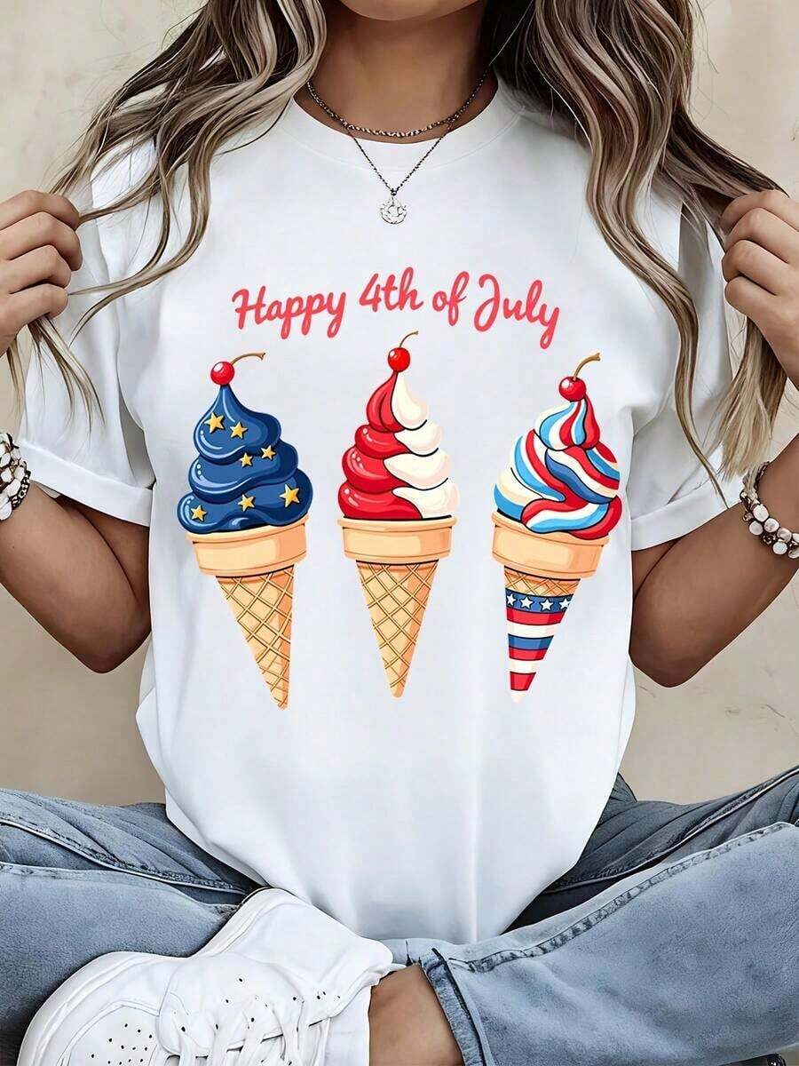 All-Day Comfort. Summer Short-Sleeve T-Shirt With An Ice Cream Design, Perfect For The 4th Of July. The Relaxed, Comfortable Fit Flatters All Body Shapes, While The High-Quality Material Feels Soft Against The Skin And Offers Durability. - 白色 - 查看 1
