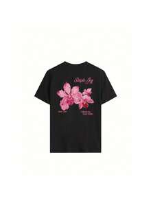 Women's elegant Floral &amp; Letter Print Round Neck Short Sleeve T-Shirt - Light Pink Loose Fit Casual Top, Breathable Summer Shirt, Machine Washable, Ladies Tshirts, Casual attire, Vibrant Design Tee - Preto - Ver 1