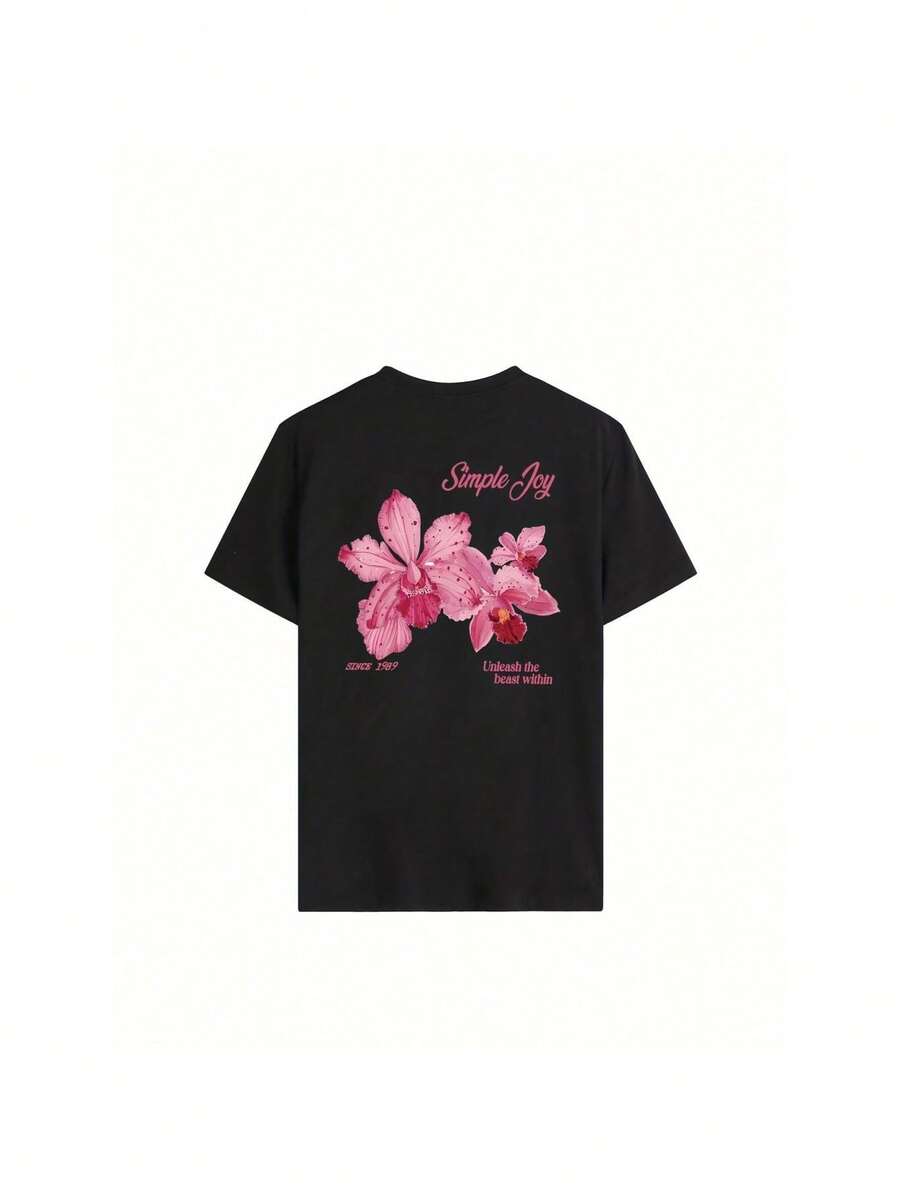 Women's elegant Floral &amp; Letter Print Round Neck Short Sleeve T-Shirt - Light Pink Loose Fit Casual Top, Breathable Summer Shirt, Machine Washable, Ladies Tshirts, Casual attire, Vibrant Design Tee - Preto - Ver 1