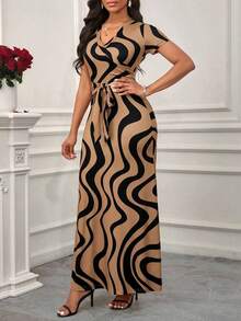 Fleurora Vestido maxi casual de manga corta con cuello en V y cintura con lazo, con estampado geométrico en color marrón para mujer - Marrón - Ver 5