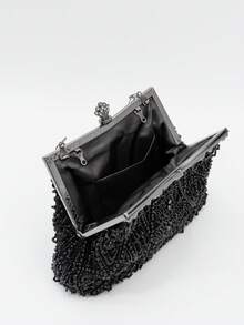 Vintage Art Deco Beaded Evening Bag, Elegant Sequined Clutch Purse With Metal Handle Clasp For Women Wedding Party Prom Banquet, Classic Black - Black - View 5