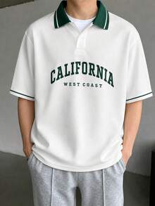 男士夏季休闲美式学院风/街头风 CALIFORNIA 短袖 Polo 衫，适合居家、户外、都市、日常、休闲、青年、简约、校园、复古、百搭、高品质、优雅、个性化、运动等场合。 - 白色 - 查看 1