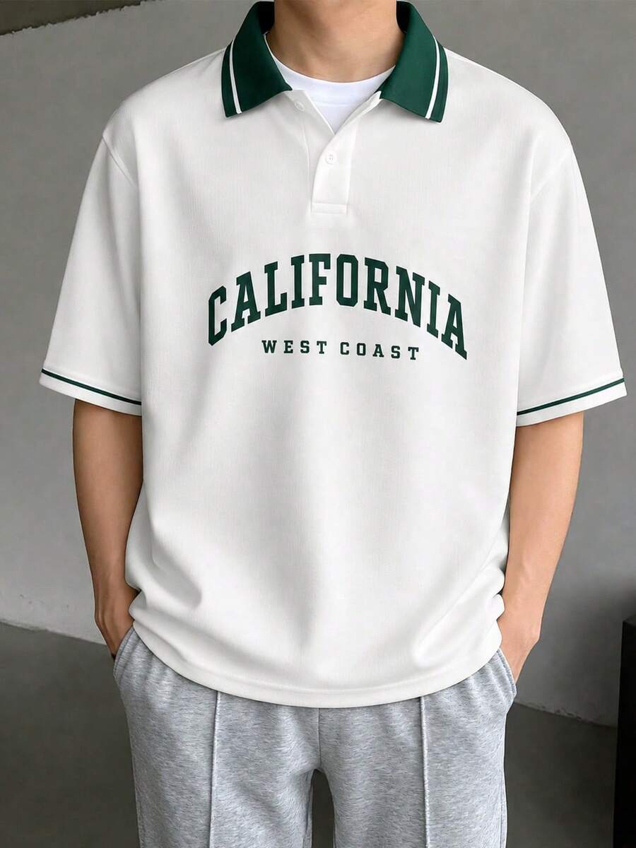 男士夏季休闲美式学院风/街头风 CALIFORNIA 短袖 Polo 衫,适合居家、户外、都市、日常、休闲、青年、简约、校园、复古、百搭、高品质、优雅、个性化、运动等场合。 - 白色 - 查看 1