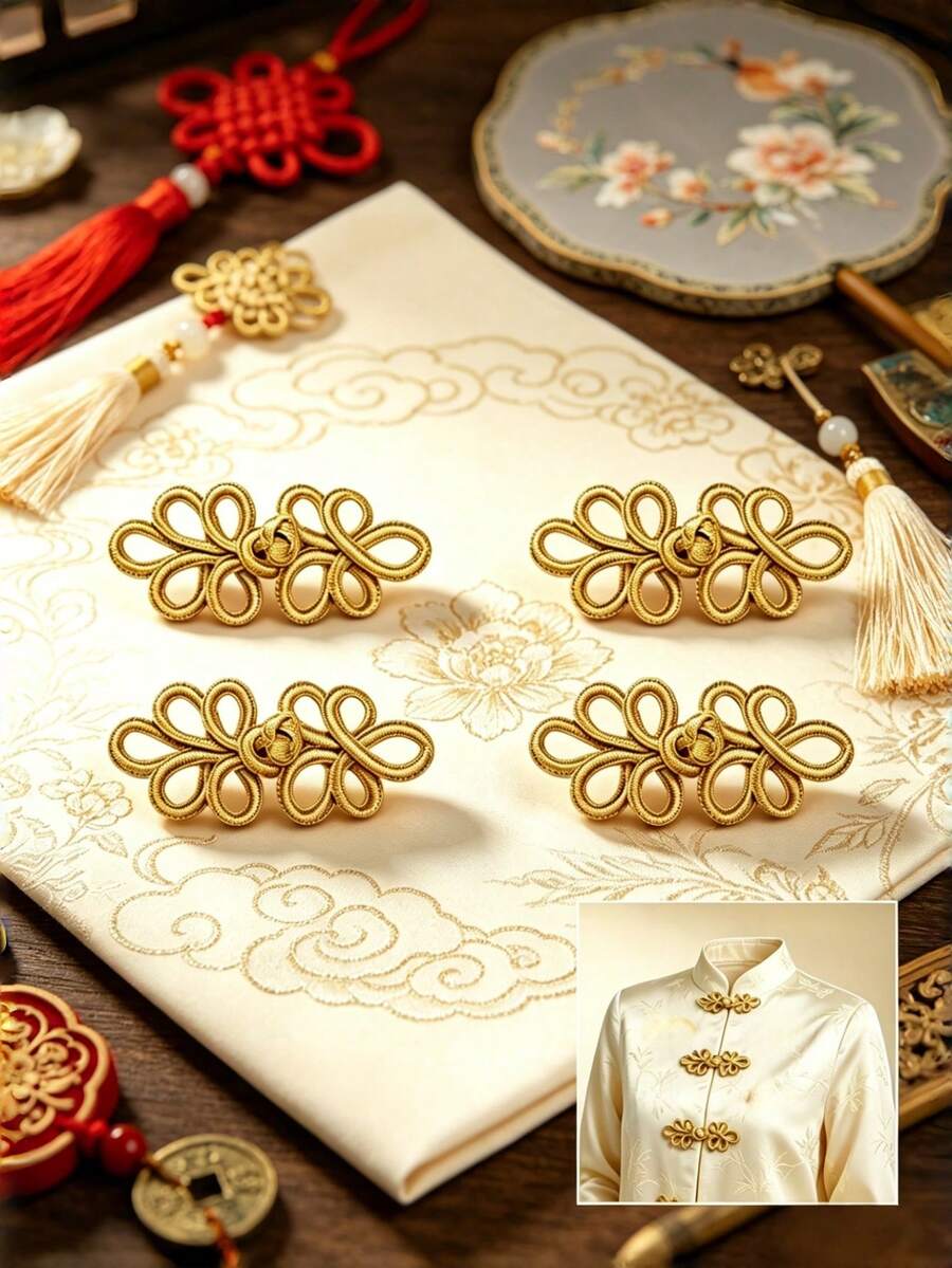 2 piezas Botones chinos de nudo dorado, broches decorativos de costura, adecuados para suéteres, capas, abrigos, bufandas, cárdigans, prendas y prendas. - 2 piezas - Ver 1
