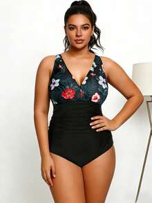 Traje de baño de una pieza con estampado floral de hibisco tropical, talla grande, cuello en V, control de abdomen, de una pieza, playa, piscina. - Negro - Ver 3