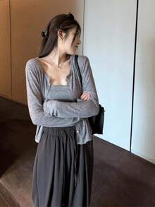 女士春夏新款蕾丝拼接花卉饰边柔软针织开衫轻薄外套 - 淺灰色 - 查看 10