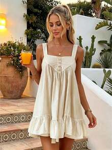 Women Slip Dress, Sleeveless Pleated Ruffled Solid Loose Summer Dress Mini Dress Suitable For Daily Look And Dating Occasions - Ivory White - View 1