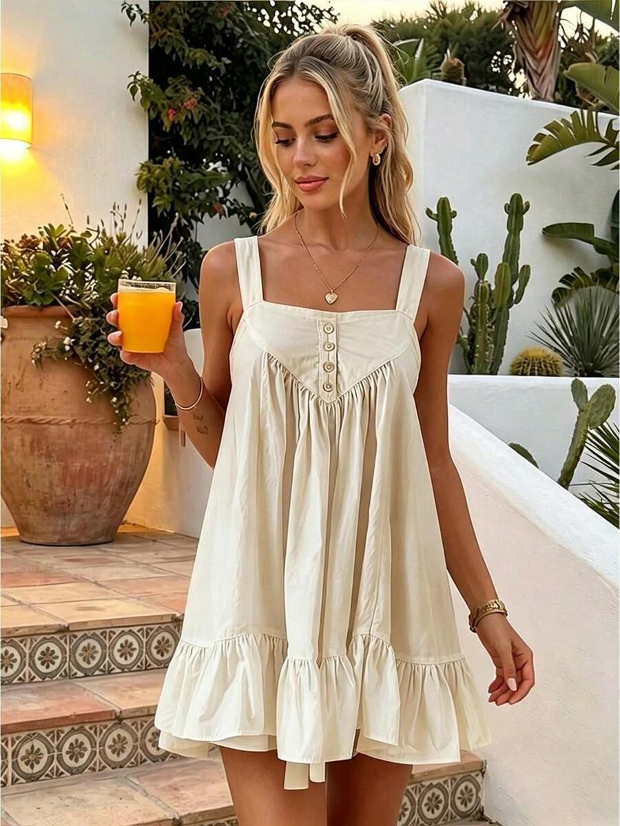 Women Slip Dress, Sleeveless Pleated Ruffled Solid Loose Summer Dress Mini Dress Suitable For Daily Look And Dating Occasions - Ivory White - View 1