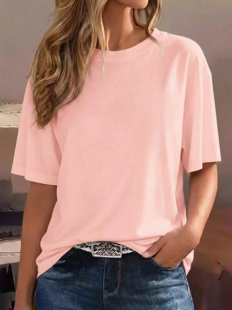 Women's Loose Crew Neck T-Shirt, All-Match Solid Color Short Sleeve Top, Soft & Breathable, Versatile For Daily Wear & Commute Pink Casual Summer - Pink - View 1
