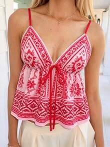 Women's Bohemian Floral Print Camisole, Ruffle Trim Fuchsia Spaghetti Strap Crop Top, Sexy Deep V-Neck Design Casual Summer - Hot Pink - View 3