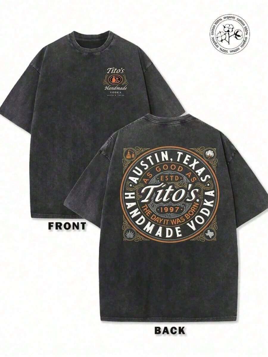 Camiseta de verano TOP 230g lavada y usada, con el logotipo de Tito's Handmade Vodka en la parte delantera y el texto circular "AUSTIN TEXAS Tito's HANDMADE Vodka" y el logotipo de la marca en la parte trasera, temática de Tito's Vodka. Regalo para el Día del Padre, regalo para el Día de San Valentín, camiseta de la Copa Mundial 2026. Regalo para el Día del Padre, regalo para el Día de San Valentín, camiseta de la Copa Mundial 2026. Regalo para el Día del Padre, regalo para el Día de San Valentín, camiseta de la Copa Mundial 2026. Regalo para el Día del Padre, regalo para el Día de San Valentín, camiseta de la Copa Mundial 2026. UET4 - Negro - Ver 1