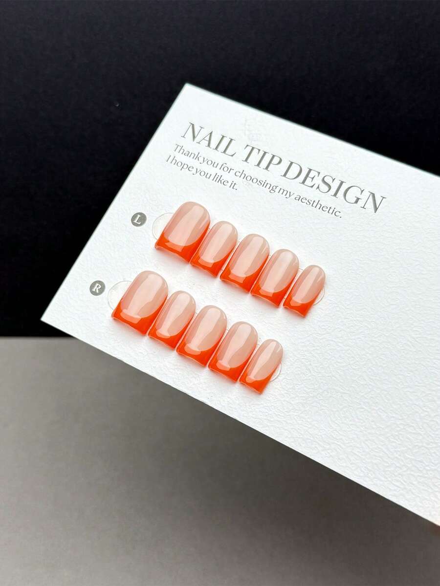 10 Pieces Of Handmade Nails, Short Square Shaped Press-On Fake Nails, Simple And Classic Style, Smooth And Glossy Nails, Nude Base With Orange French Nails, It Is A Manicure Product Suitable For Women And Girls To Wear Every Day, With A Nail Set - Multicolor - View 1