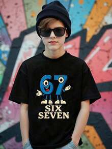 GraphicGems Boys' Basic Short Sleeve T-Shirt, Casual, Elegant, Creative, Personalized, Refreshing, Chic, Minimalist, Cool Style, With Digit 67 Football Graphic Print, Comfortable Clothing For Daily Wear, Cozy Summer And Autumn Styles, Suitable For 7 Year Olds, Graphic Clothing For Boys, Hip Hop Clothing For Boys. - 藍白色 - 查看 6
