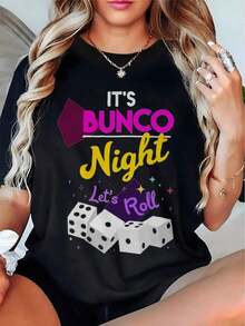 FittedTops For Wo - Women's Bunco Night T-Shirt - Fun Dice Print T-Shirt With "Let's Roll" Text - Black T-Shirt With Purple/Pink Details - Casual And Friendly T-Shirt, Suitable For Bunco Nights, Game Nights And Casual Wear - Lightweight Summer Clothing, Fun Design, Loose Fit, Fun Print, Material, Crew Neck T-Shirt, Loose Style For Adult Women For Summer. - 黑色 - 查看 7