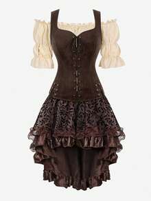 3-Piece Set In The Style Of The Medieval Renaissance For Women, Featuring A Steampunk Pirate Theme. The Outfit Consists Of A Halter-Neck Sleeveless Top Paired With A Viking-Style Wide Shoulder Belt Jacket (Pirate Vest), And A Multi-Layered Chiffon Skirt Set. Suitable For Themed Parties, Role-Playing, And Halloween Costume Design. - quả mơ + nâu sẫm + nâu - Xem 8