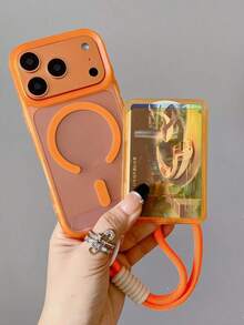 Minimalist Luxury Apple 17 Magnetic Card Case Phone Shell, Skin-Friendly Magnetic Charging Shell + Short Lanyard, Suitable For IPhone 16 Pro - Orange - View 2