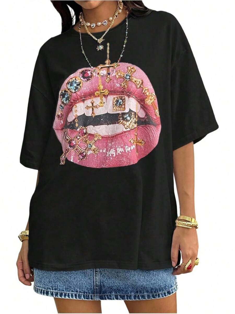 Y2K - Women's T-Shirts With Lip Print, Round Neck, Short Sleeve, Loose Fit And Versatile Shirt - Black - View 1