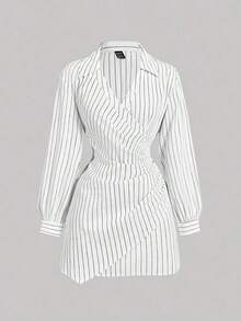 MOD Vestido de mujer de manga larga con volantes y estampado de rayas azul marino y blanco, vestido de Año Nuevo, camisa, ropa de mujer de negocios, atuendo de mujer para la playa - Blanco y Negro - Ver 1