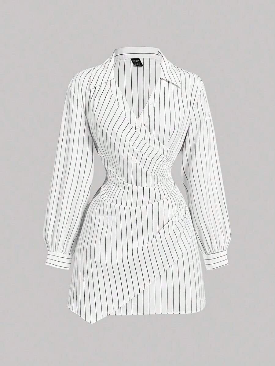 MOD Vestido de mujer de manga larga con volantes y estampado de rayas azul marino y blanco, vestido de Año Nuevo, camisa, ropa de mujer de negocios, atuendo de mujer para la playa - Blanco y Negro - Ver 1