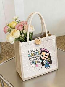 Teacher Letter Floral Print Linen Tote Bag, Teacher's Day Gift, Reusable Printed Tote Bag, Casual Tote Bag, Suitable For Commuting And School - Multicolor - View 1