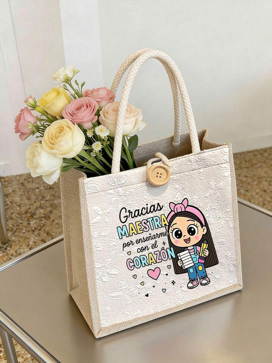 Teacher Letter Floral Print Linen Tote Bag, Teacher's Day Gift, Reusable Printed Tote Bag, Casual Tote Bag, Suitable For Commuting And School - Multicolor - View 1
