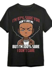 Camiseta de patrón de ropa urbana para hombres de Boondocks - Impresión en negrita "Estoy 97 por ciento de que no me aprecias" Camiseta de algodón de ajuste regular de manga corta con cuello redondo, camiseta casual de verano negra, camiseta divertida, camiseta casual de cuello redondo de ajuste cómodo, tienda local en stock, cabello rápido, algodón suave, comodidad, disfruta del descuento, adecuado para Pascua, Halloween, Acción de Gracias, etc. - Negro - Ver 1