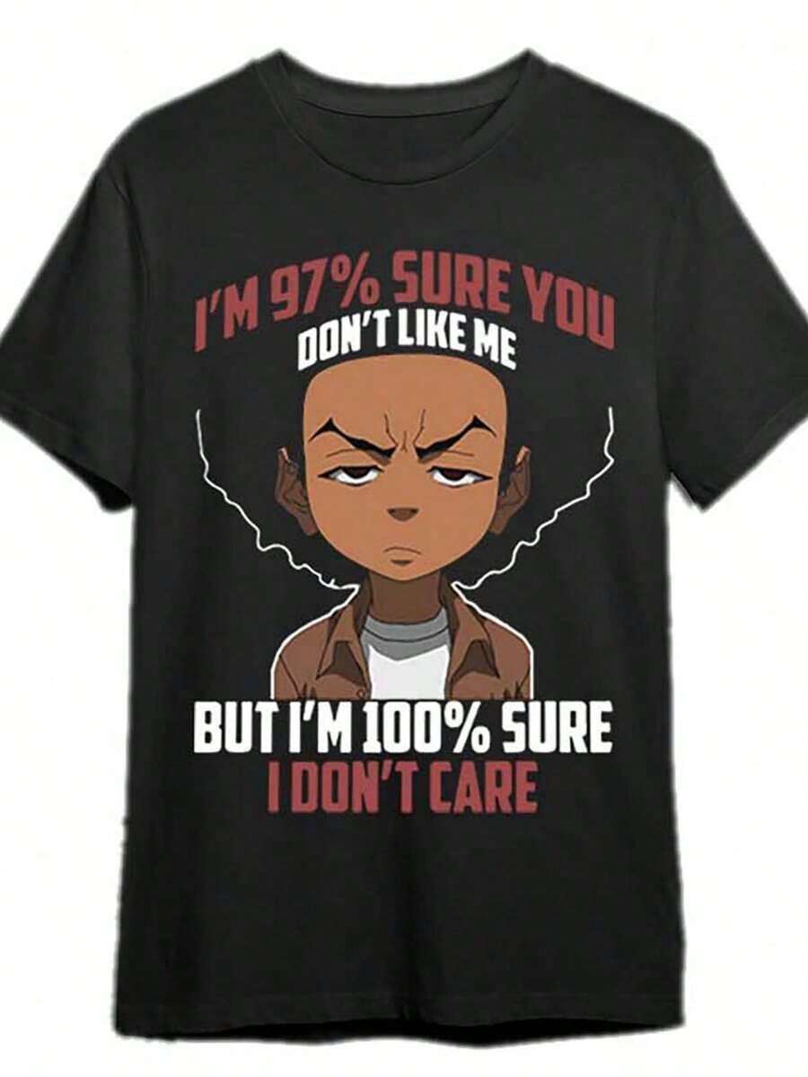 Camiseta de patrón de ropa urbana para hombres de Boondocks - Impresión en negrita "Estoy 97 por ciento de que no me aprecias" Camiseta de algodón de ajuste regular de manga corta con cuello redondo, camiseta casual de verano negra, camiseta divertida, camiseta casual de cuello redondo de ajuste cómodo, tienda local en stock, cabello rápido, algodón suave, comodidad, disfruta del descuento, adecuado para Pascua, Halloween, Acción de Gracias, etc. - Negro - Ver 1