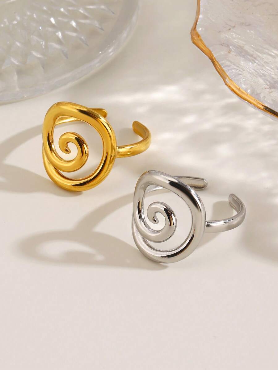1pc 18K Gold Plated Stainless Steel Geometric Threaded Open Ring, Suitable For Women's Daily And Summer Vacation Wear - Multicolor - View 1