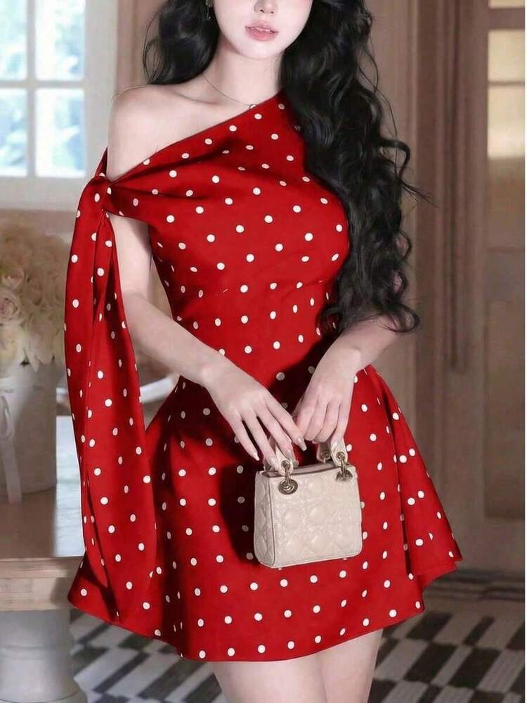 Vestido corto de verano minimalista de mujer con tirantes de lazo, sin mangas y de unicolor asimétrico con lunares blancos - Rojo - Añade 1