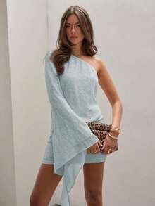 Vestido de verano de mujer elegante con un hombro, con textura y adornos de lentejuelas, vestido de un solo manga, vestido asimétrico, vestido lila para mujer, vestido de verano de un solo hombro, vestido asimétrico para mujer - Celeste - Ver 12