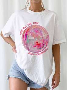 Kiss All The Time Pastel Disco Ball Print Casual Graphic Tee - White - View 1