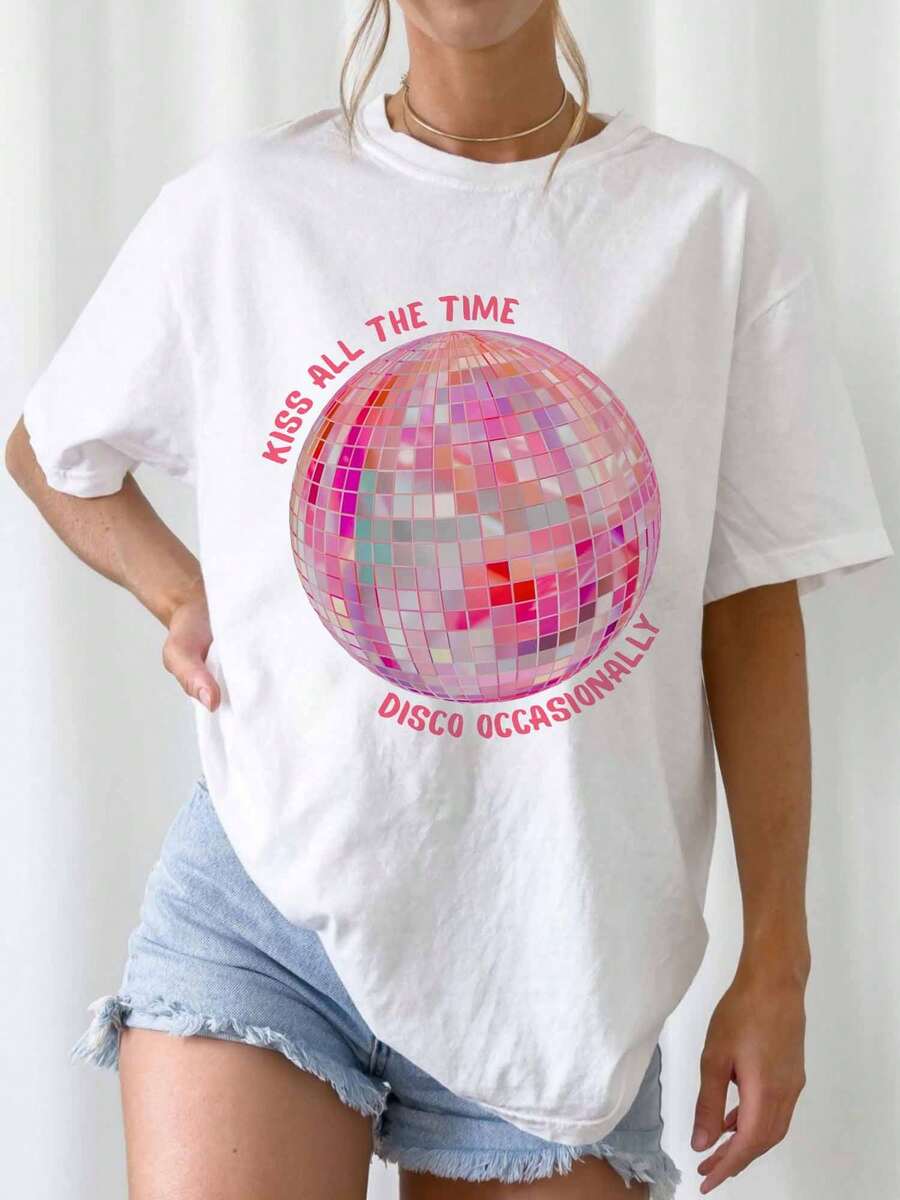 Kiss All The Time Pastel Disco Ball Print Casual Graphic Tee - White - View 1