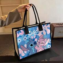 Miniso Disney Stitch & Angel Tragetasche, süßer Cartoon-Muster mit rosa Saum, große Kapazität Segeltuch Schultertasche für Einkaufen, Schule, Pendeln & Reisen - Schwarz - Übersicht 6
