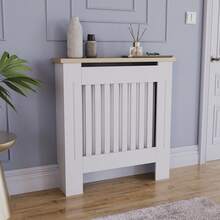 Home Discount Vida Designs Arlington Radiator Cover Heat Protection Adjustable Vertical Slats With Wooden Shelf Top MDF Cabinet Easy To Install - White - Blanco - Ver 9