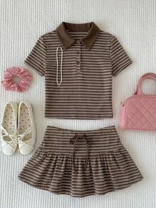 Conjunto de 2 piezas de camiseta de manga corta a rayas y minifalda casual de verano para mujer - Marrón 2 - Ver 4