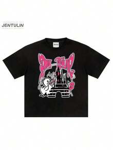Men's Oversized Black T-Shirt - Soft And Breathable Cotton T-Shirt With Gothic Castle Graphic, Harajuku Hip Hop Y2K Fashion For Concerts, Parties And Everyday Casual Wear, Urban Style, Bold Print, Comfortable Fit, Statement T-Shirt, Young Adults - 黑色 - 查看 1