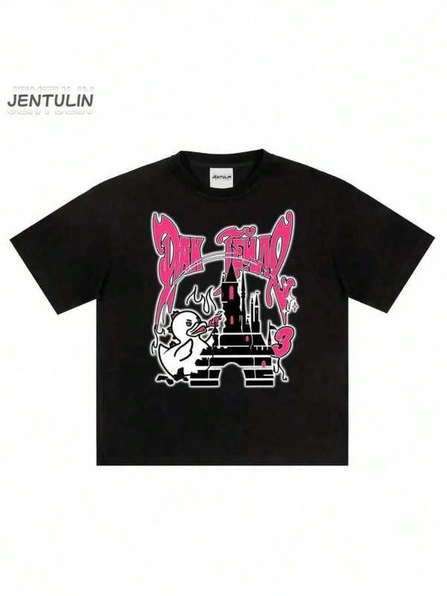 Men's Oversized Black T-Shirt - Soft And Breathable Cotton T-Shirt With Gothic Castle Graphic, Harajuku Hip Hop Y2K Fashion For Concerts, Parties And Everyday Casual Wear, Urban Style, Bold Print, Comfortable Fit, Statement T-Shirt, Young Adults - 黑色 - 查看 1