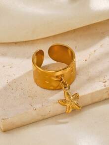 2pcs/Set Stainless Steel 18K Gold Plated Starfish & Flower Design Rings, Suitable For Daily Wear - Multicolor - View 4