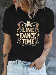 IT S LINE DAN TIME Printed T-Shirt, Casual Short Sleeve Round Neck Top, Women's Clothing For Spring/Summer, Women's Shirts. - 黑色 - 查看 7