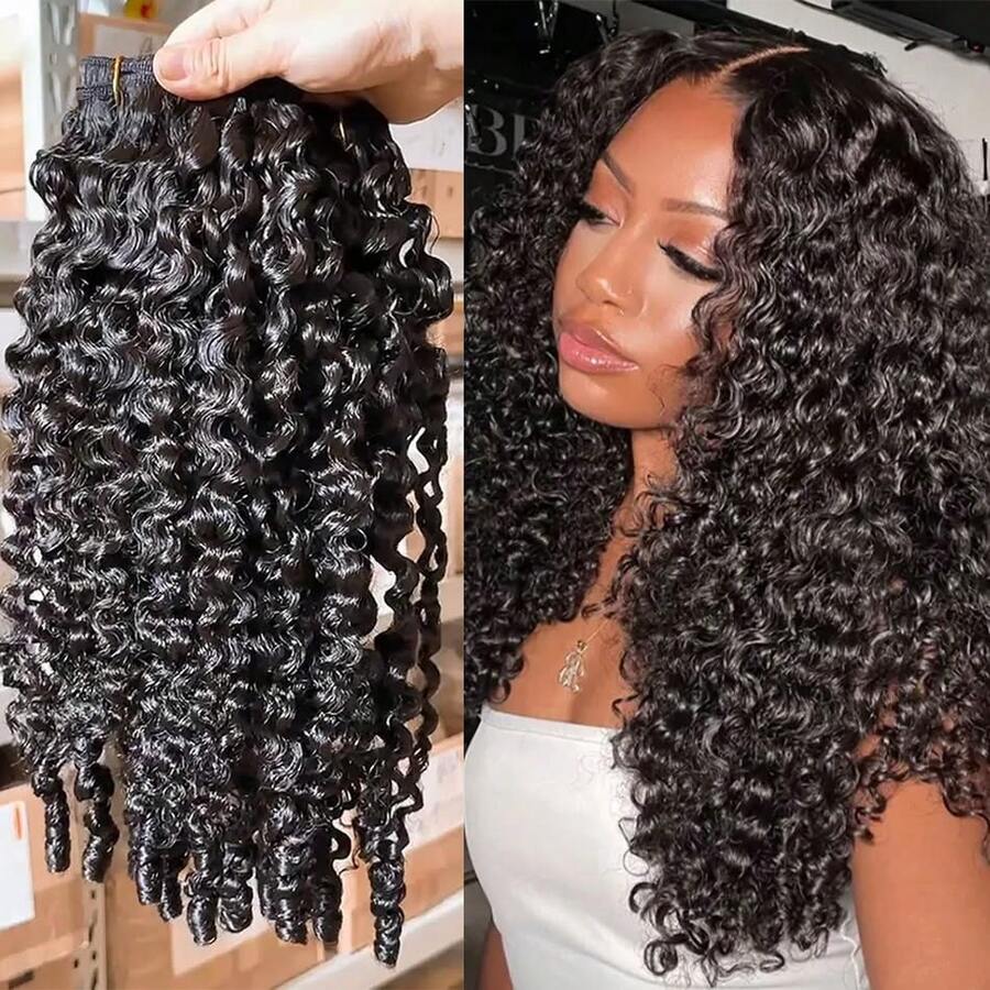 BINF 15A Burmese Curly Human Hair Bundles Raw Vietnamese Unprocessed Burmese Virgin Double Drawn Hair Weave Extensions Deep Water Curly Wave Human Hair 1/3/4 Bundle 3C4A Hair Extension - Natural Black - 查看 1