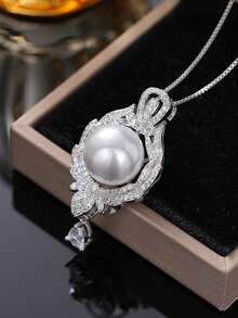 1pc Charming Cubic Zirconia & Faux Pearl Pendant Necklace, Suitable For Women, Ideal For Weddings, Engagements, Anniversary Parties, Valentine's Day Gifts - Silver - View 3